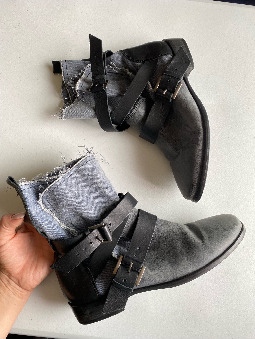 Maje size 39 charcoal grey and blue denim leather buckled moto boots